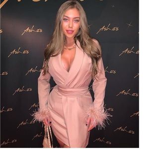 LAVISH ALICE FEATHERED CUFF WRAP BLAZER MINI DRESS IN Cream